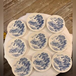 9 Vintage Wedgwood Countryside Blue Dinner Plates England Transferware 10”